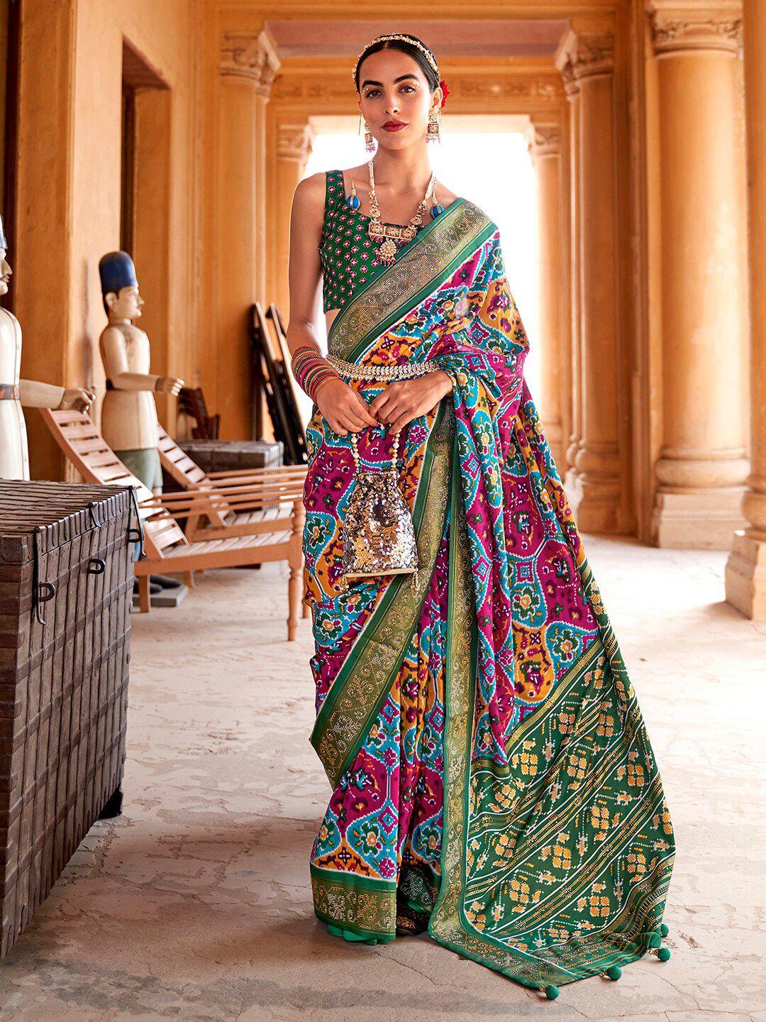 anouk green & blue ethnic motifs beads and stones silk blend patola saree