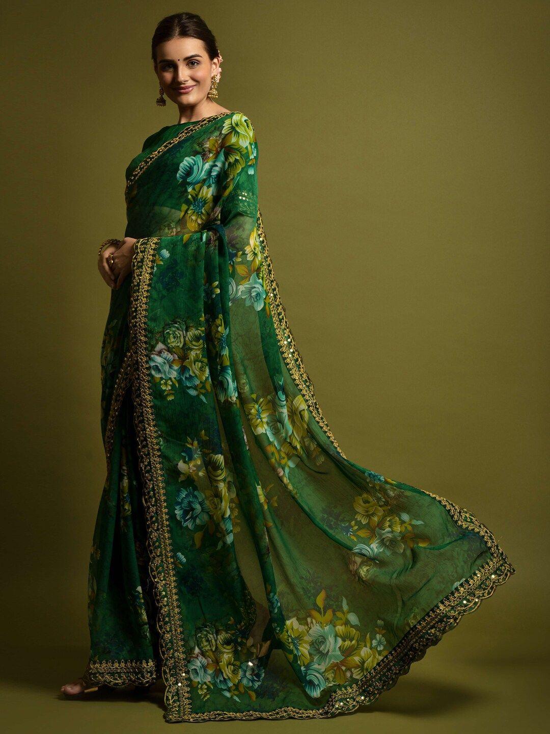 anouk green & blue floral printed embroidered pure georgette saree