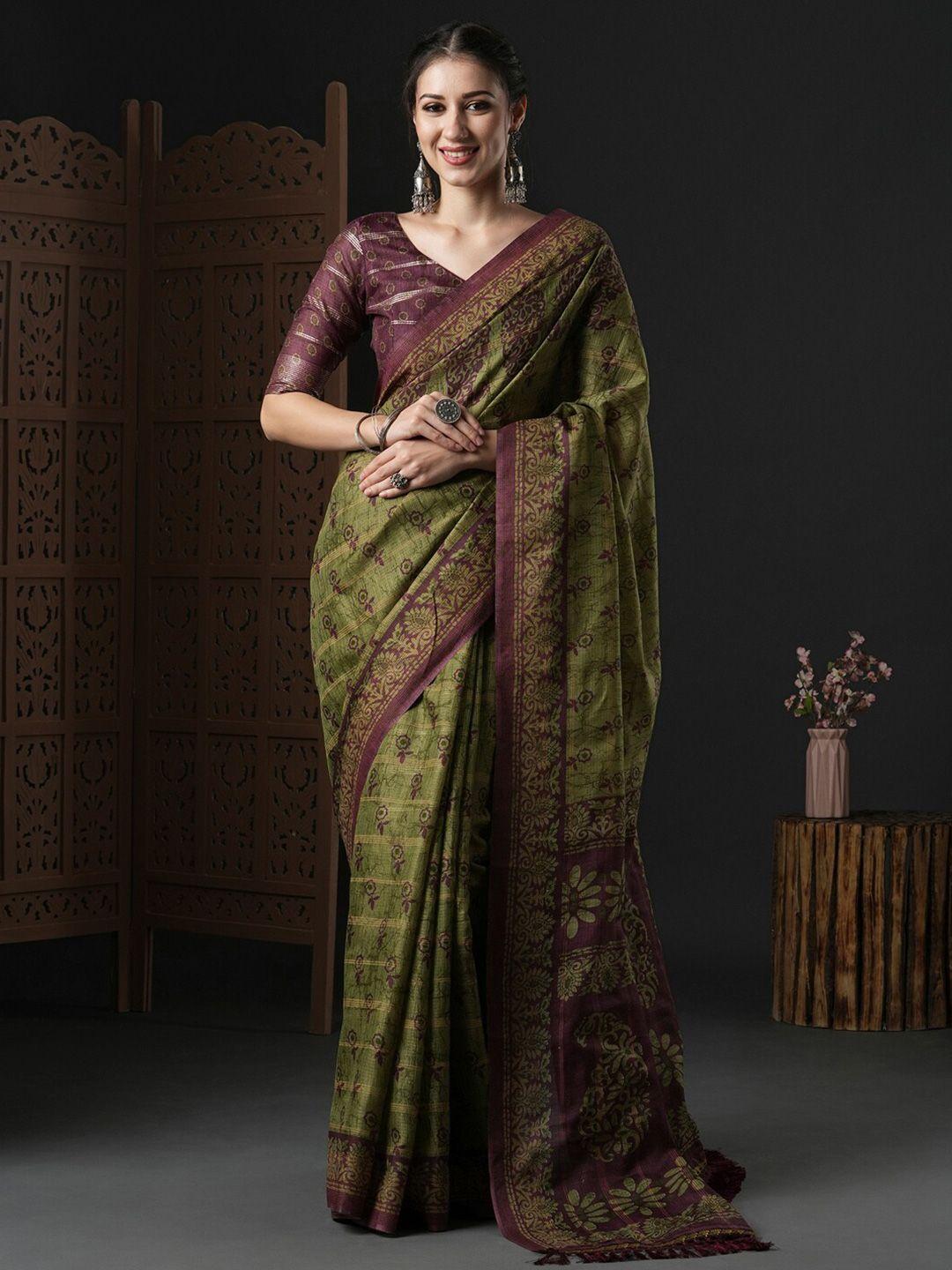 anouk green & brown ethnic motifs printed kota saree