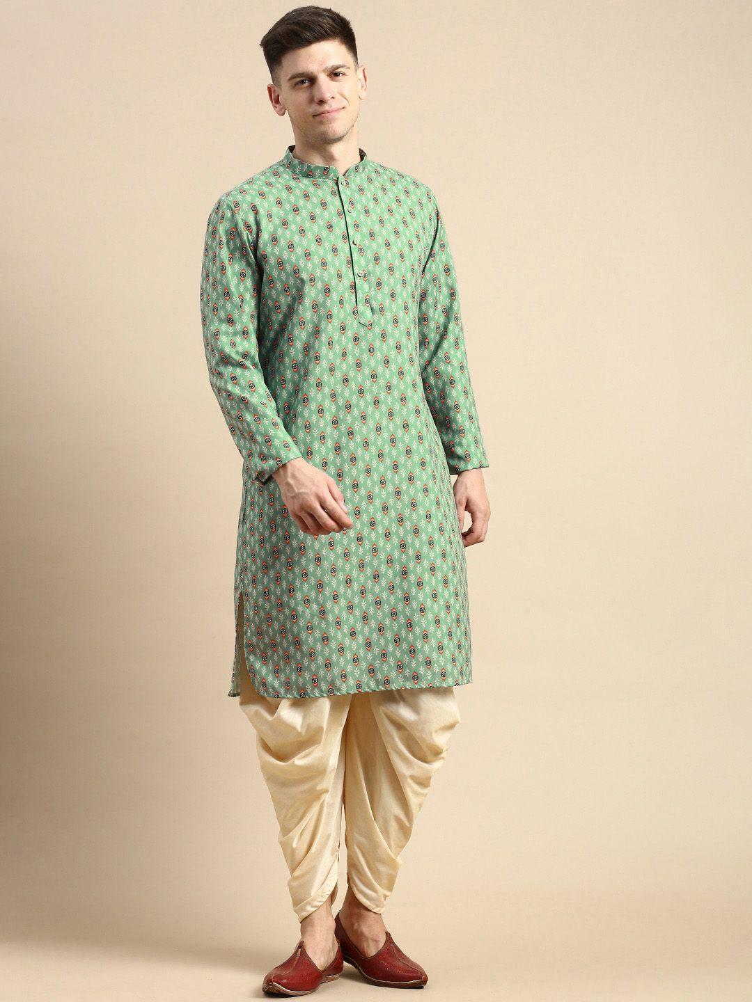 anouk green & cream-color floral printed straight kurta with dhoti pants