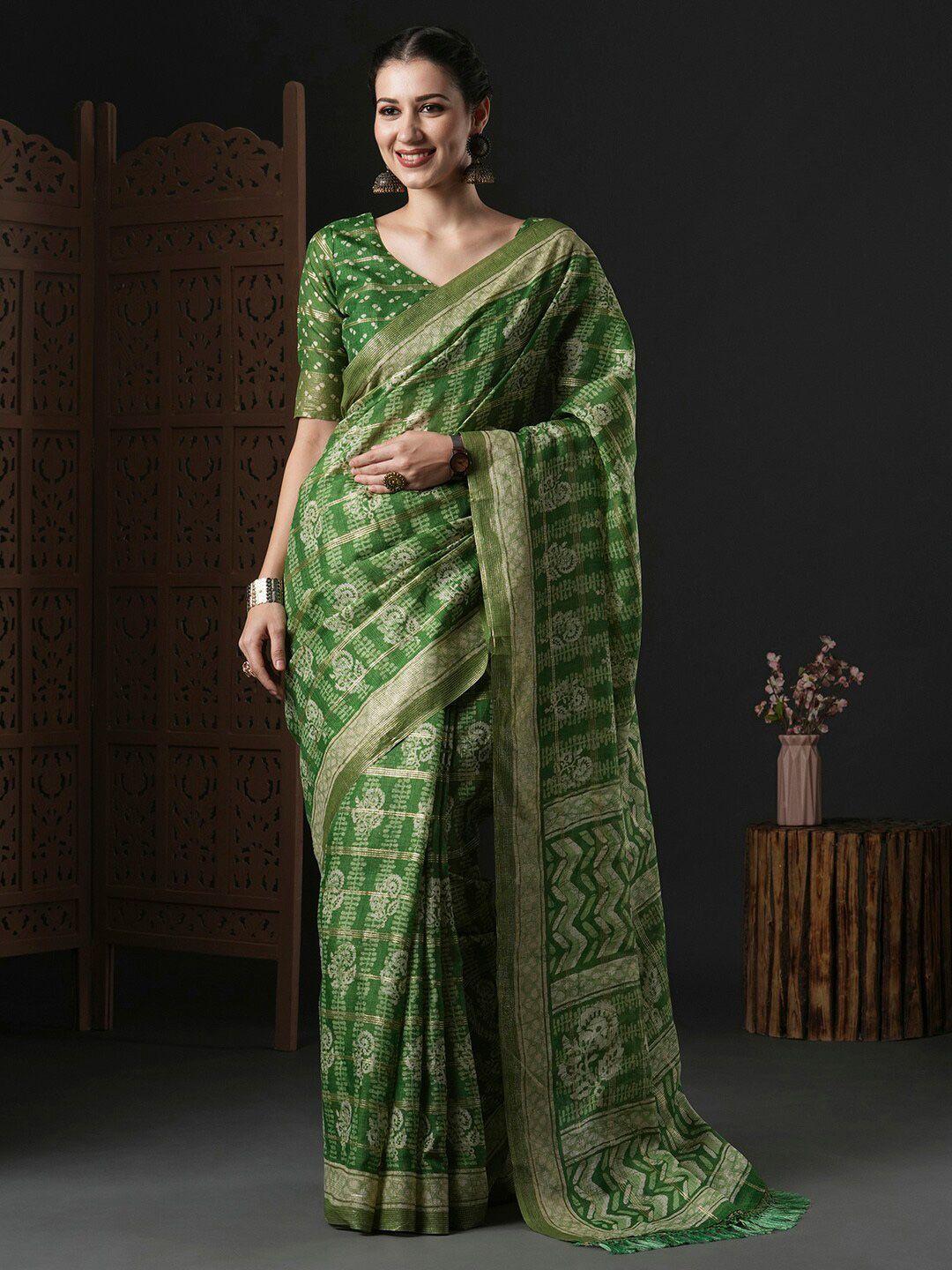 anouk green & cream-coloured ethnic motifs printed bagru saree