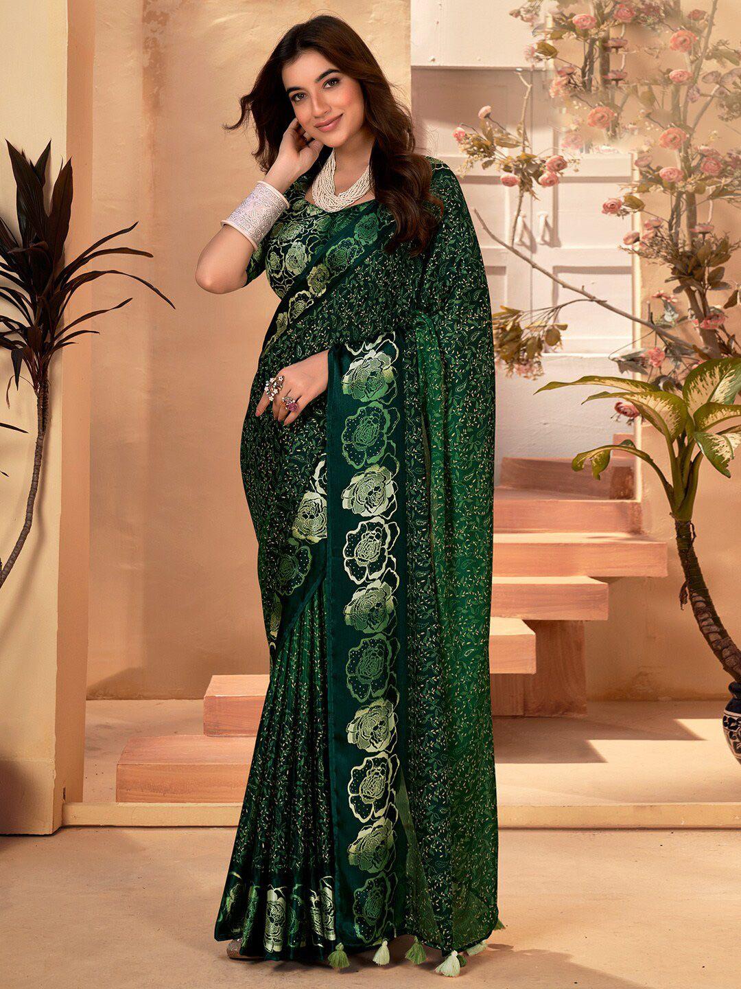 anouk green & cream-coloured floral printed bagh saree