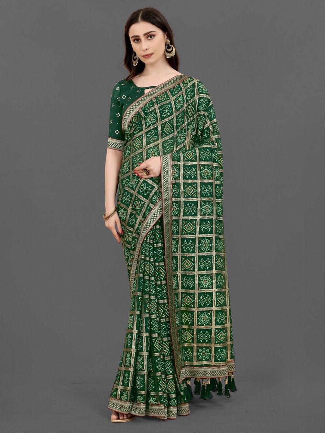 anouk green & gold-toned bandhani printed zari pure georgette saree
