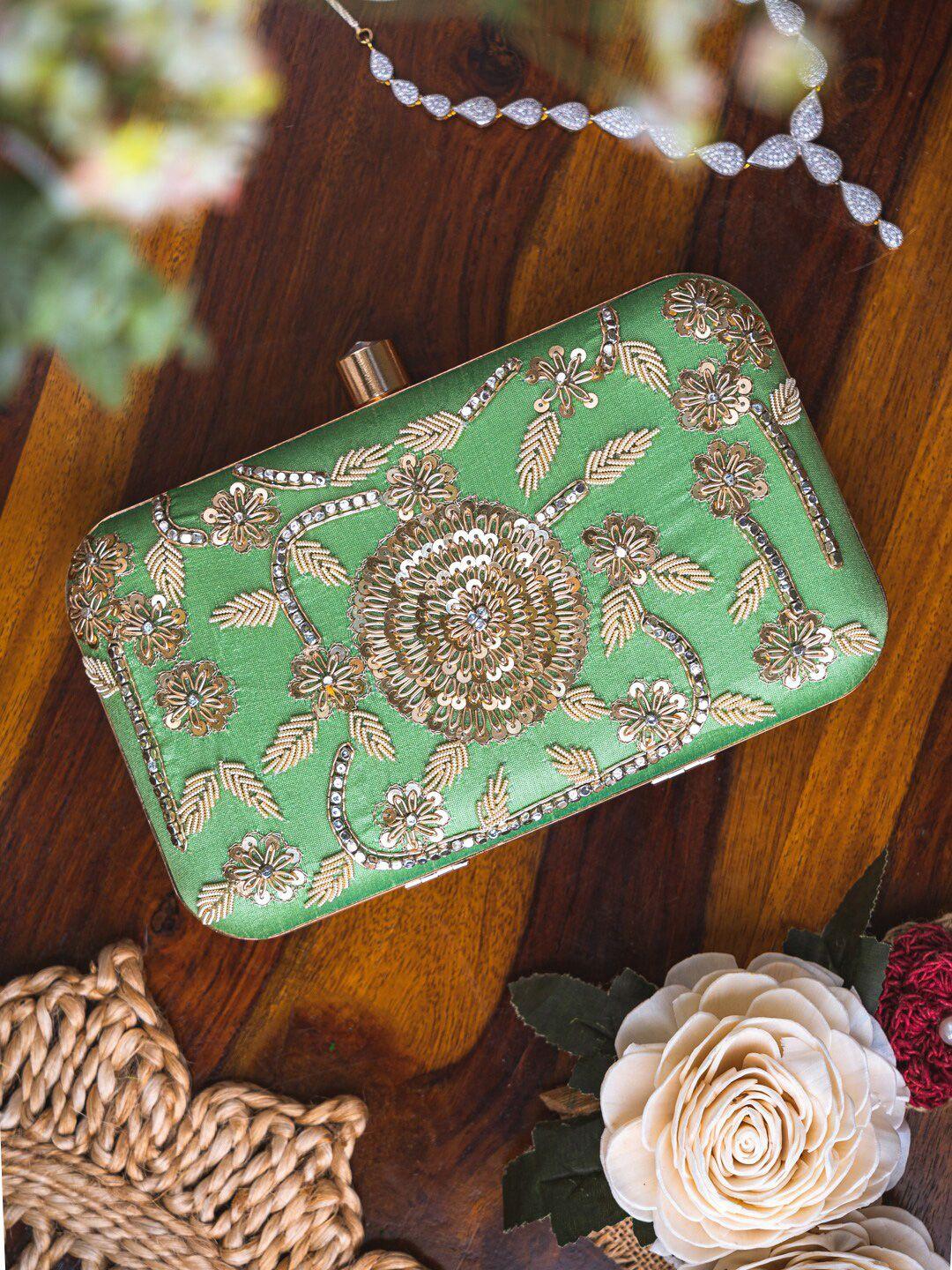 anouk green & gold-toned embellished box clutch