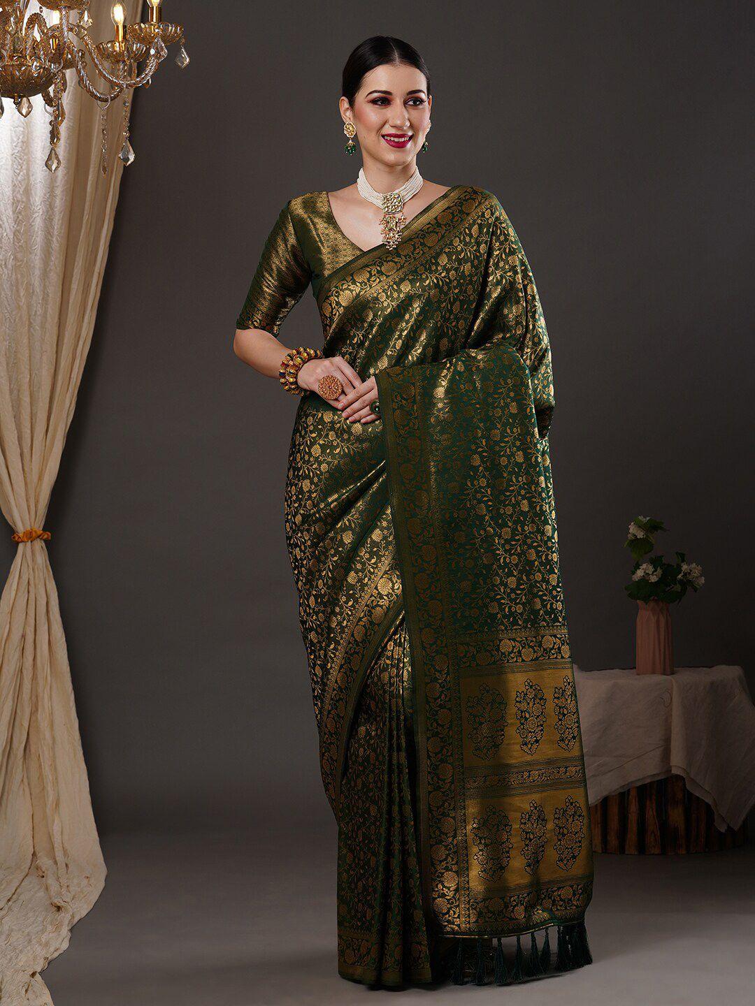 anouk green & gold-toned ethnic motif woven design zari kanjeevaram saree