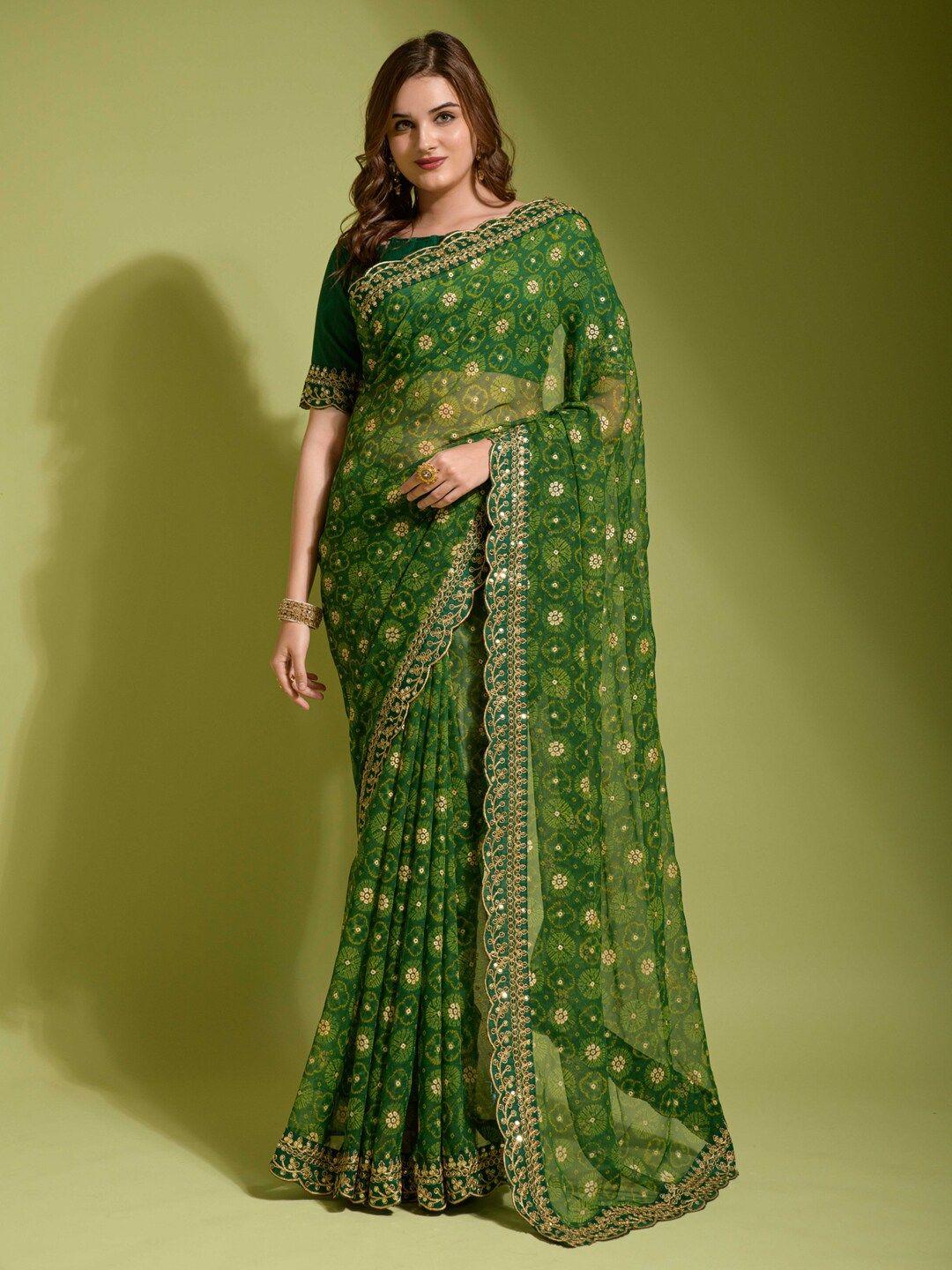 anouk green & gold-toned ethnic motifs printed embroidered pure chiffon saree