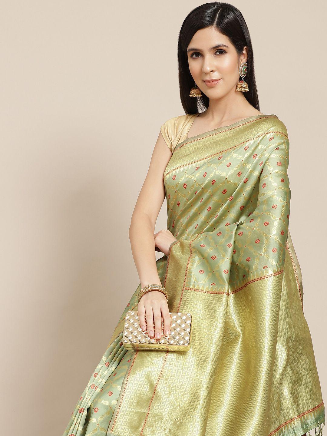 anouk green & golden ethnic motifs woven design banarasi saree