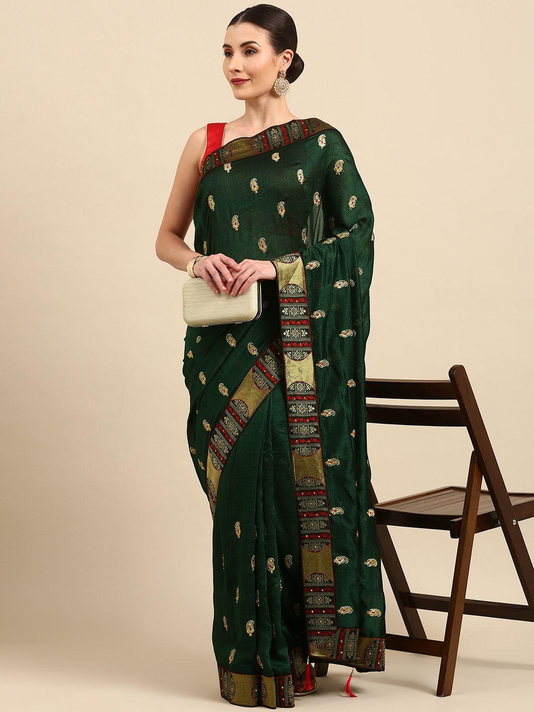 anouk green & golden paisley embroidered bhagalpuri saree