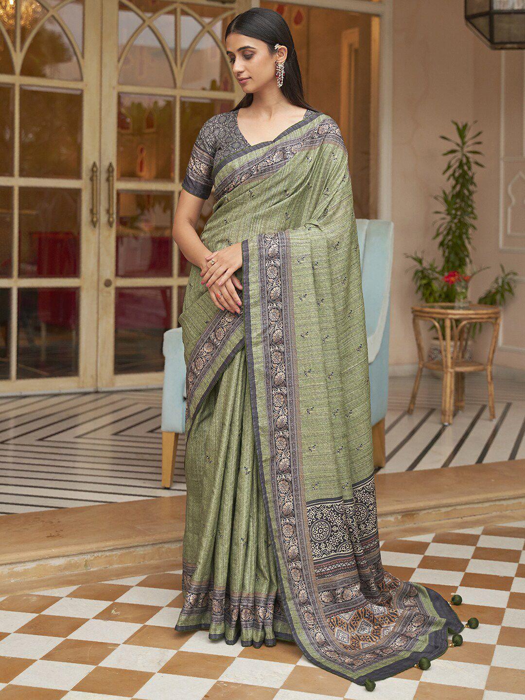 anouk green & grey woven design silk blend saree