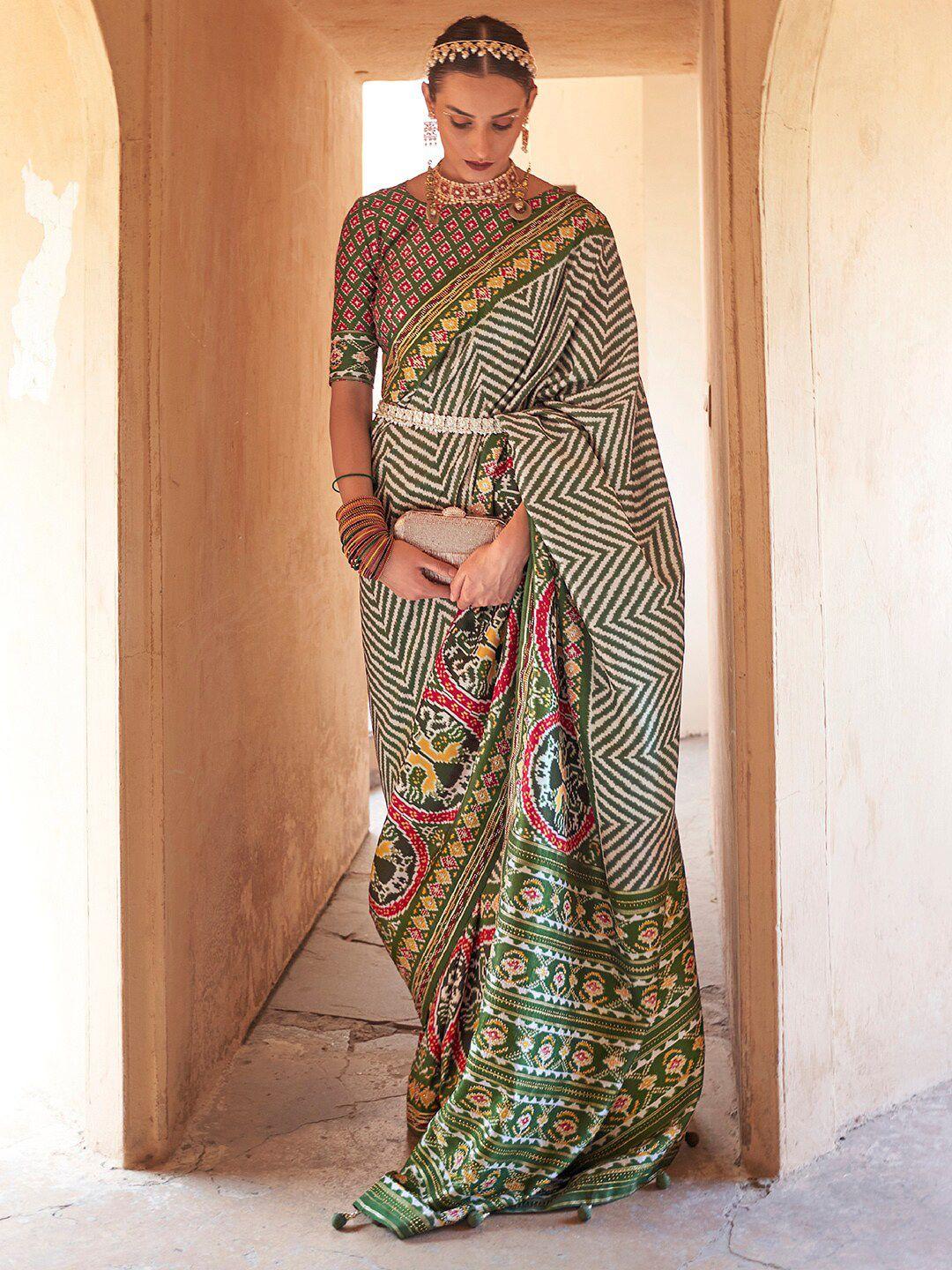 anouk green & maroon ethnic motifs beads and stones silk blend patola saree