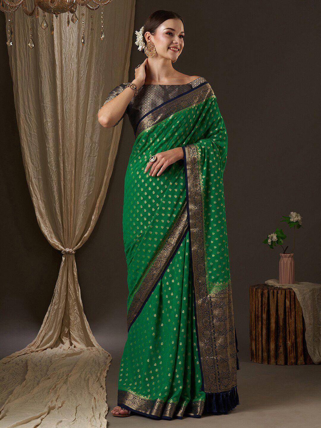 anouk green & navy blue woven design zari pure georgette kanjeevaram saree