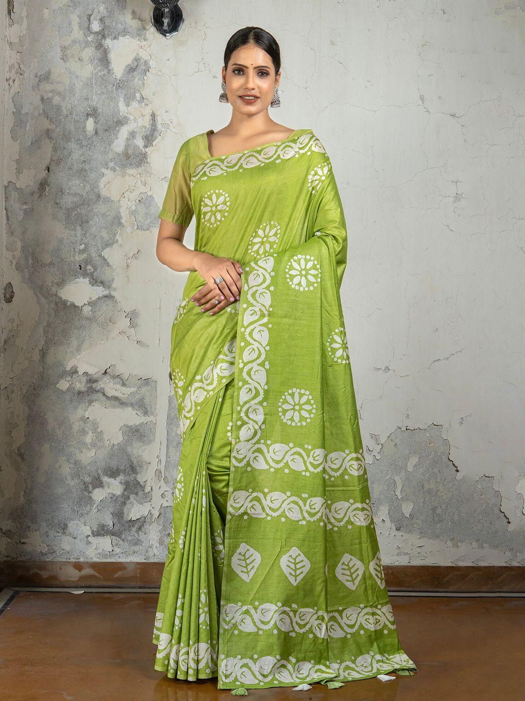 anouk green & off white bandhani saree