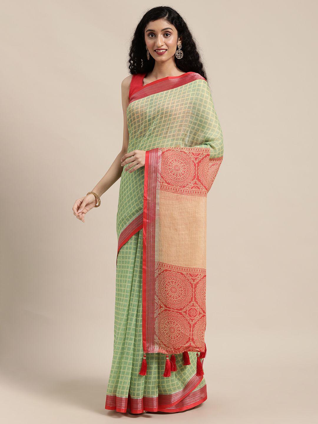 anouk green & off white checked pure linen saree