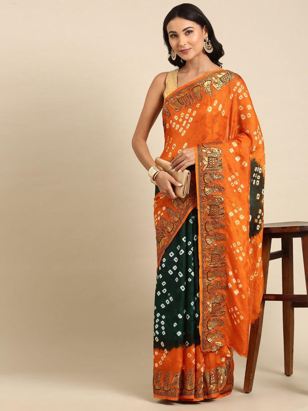 anouk green & orange bandhani printed saree