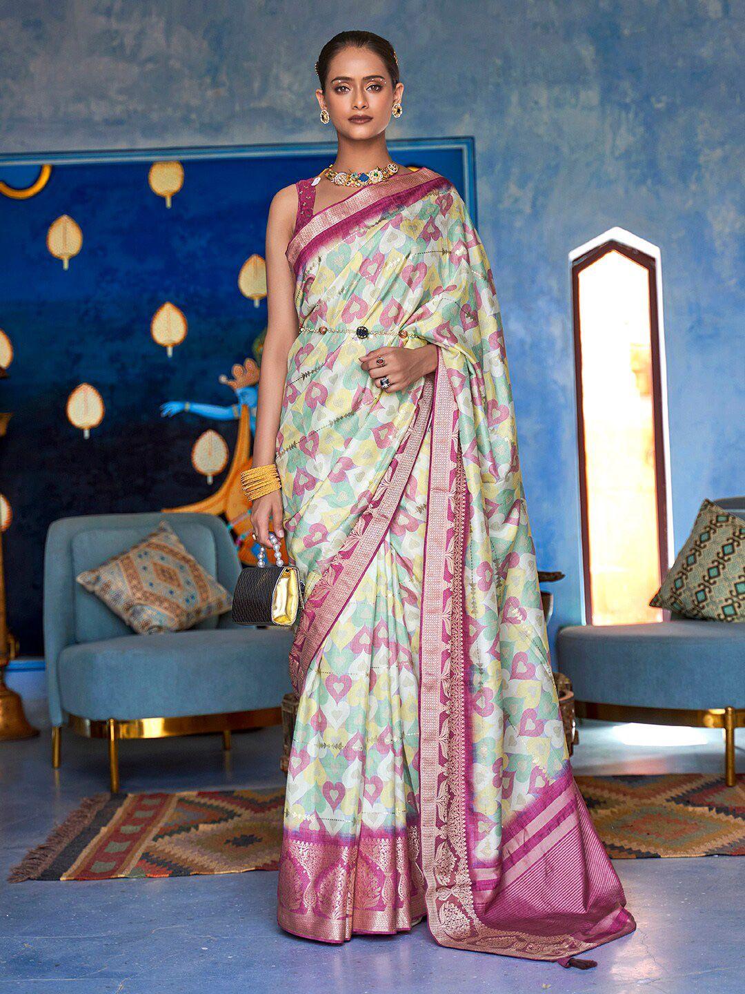 anouk green & pink zari silk blend banarasi saree