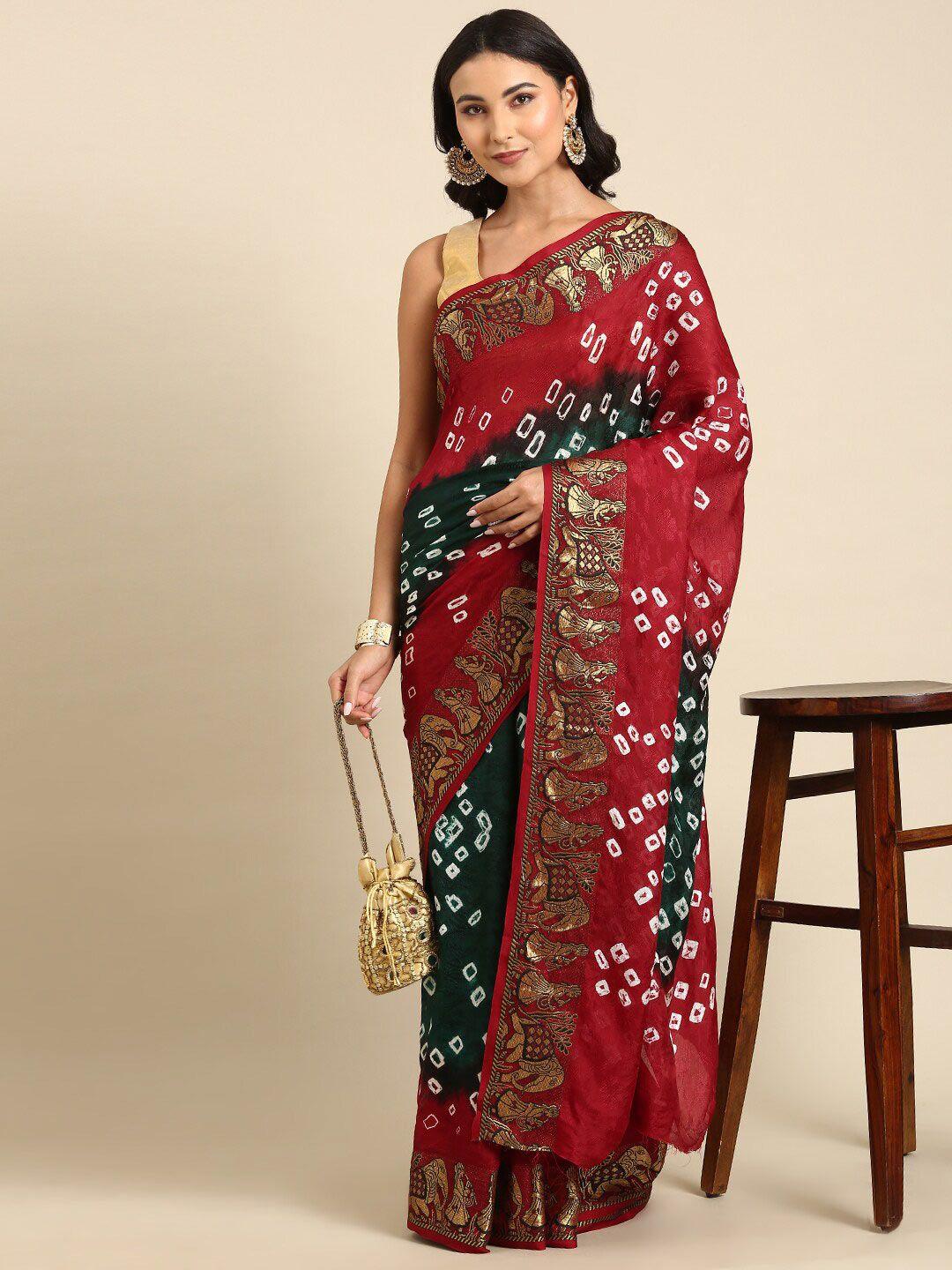 anouk green & red bandhani printed saree