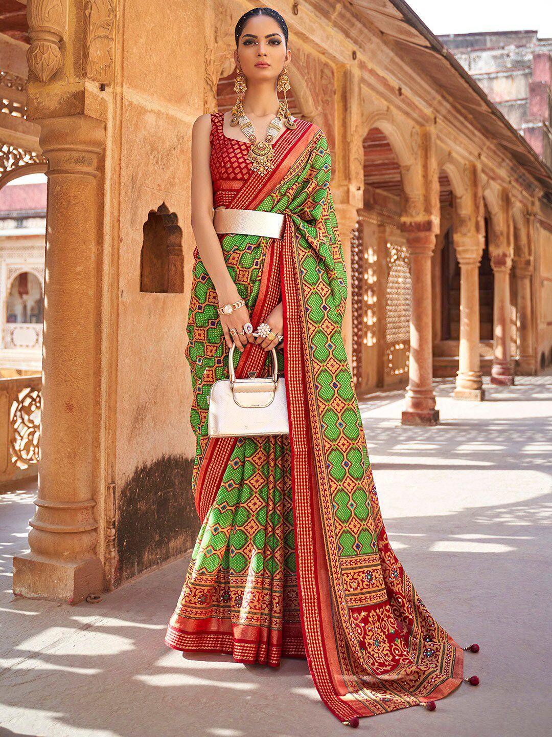 anouk green & red ethnic motifs pure georgette bandhani saree