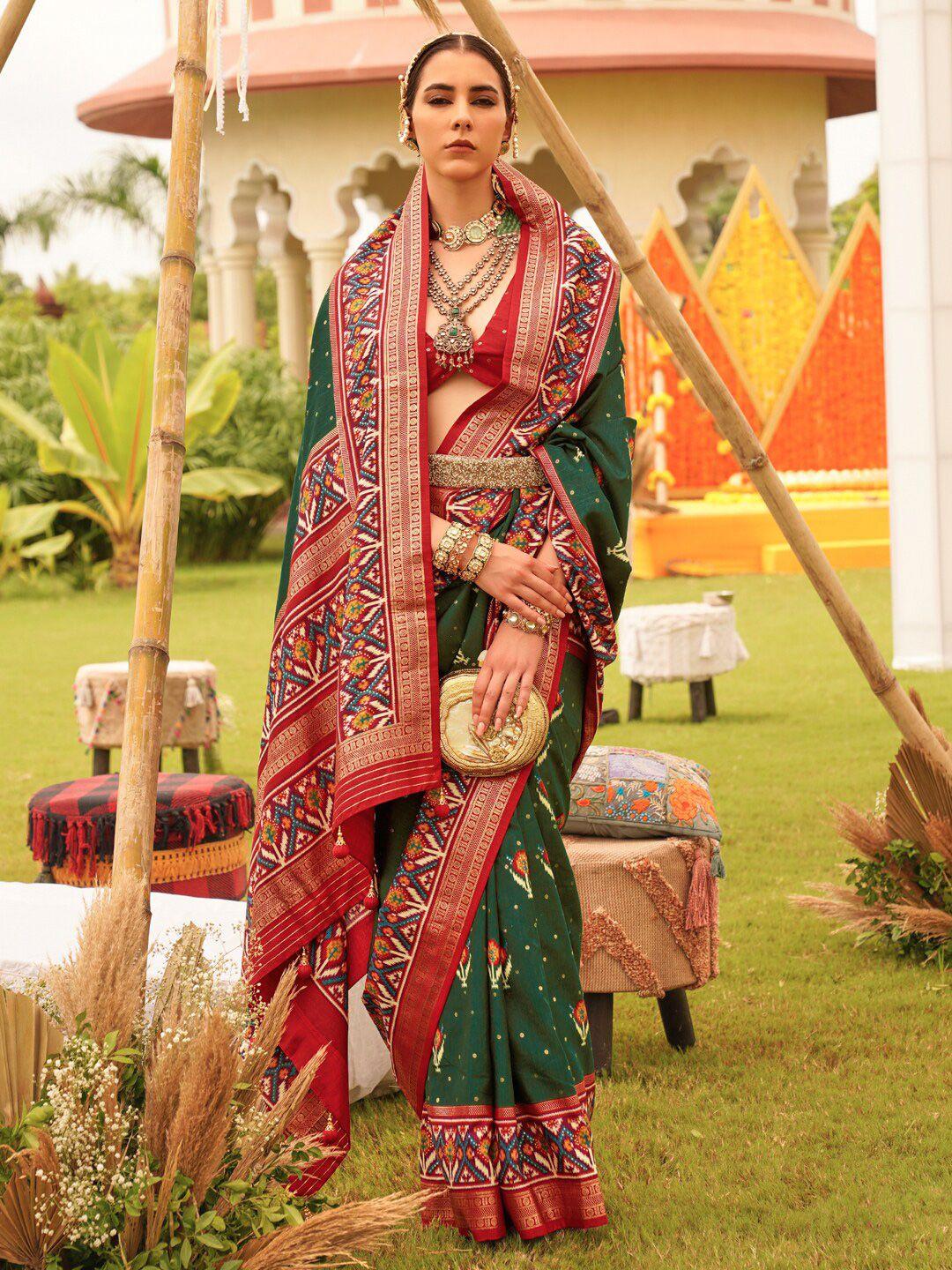 anouk green & red ethnic motifs silk blend designer patola saree