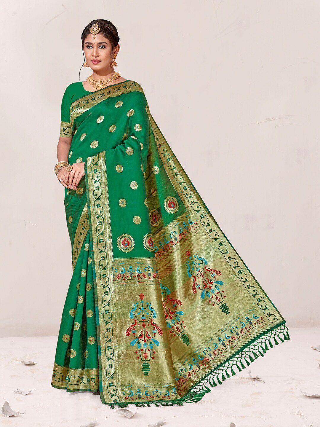 anouk green & red ethnic motifs woven design zari organza saree