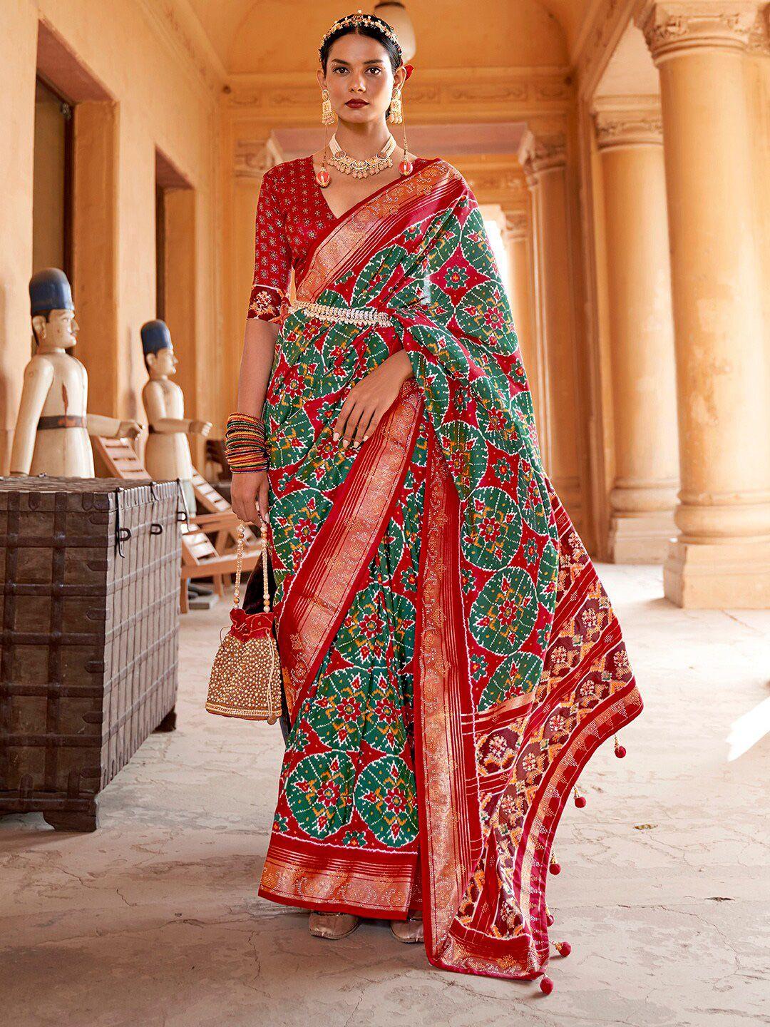 anouk green & red ethnic motifs zari patola saree