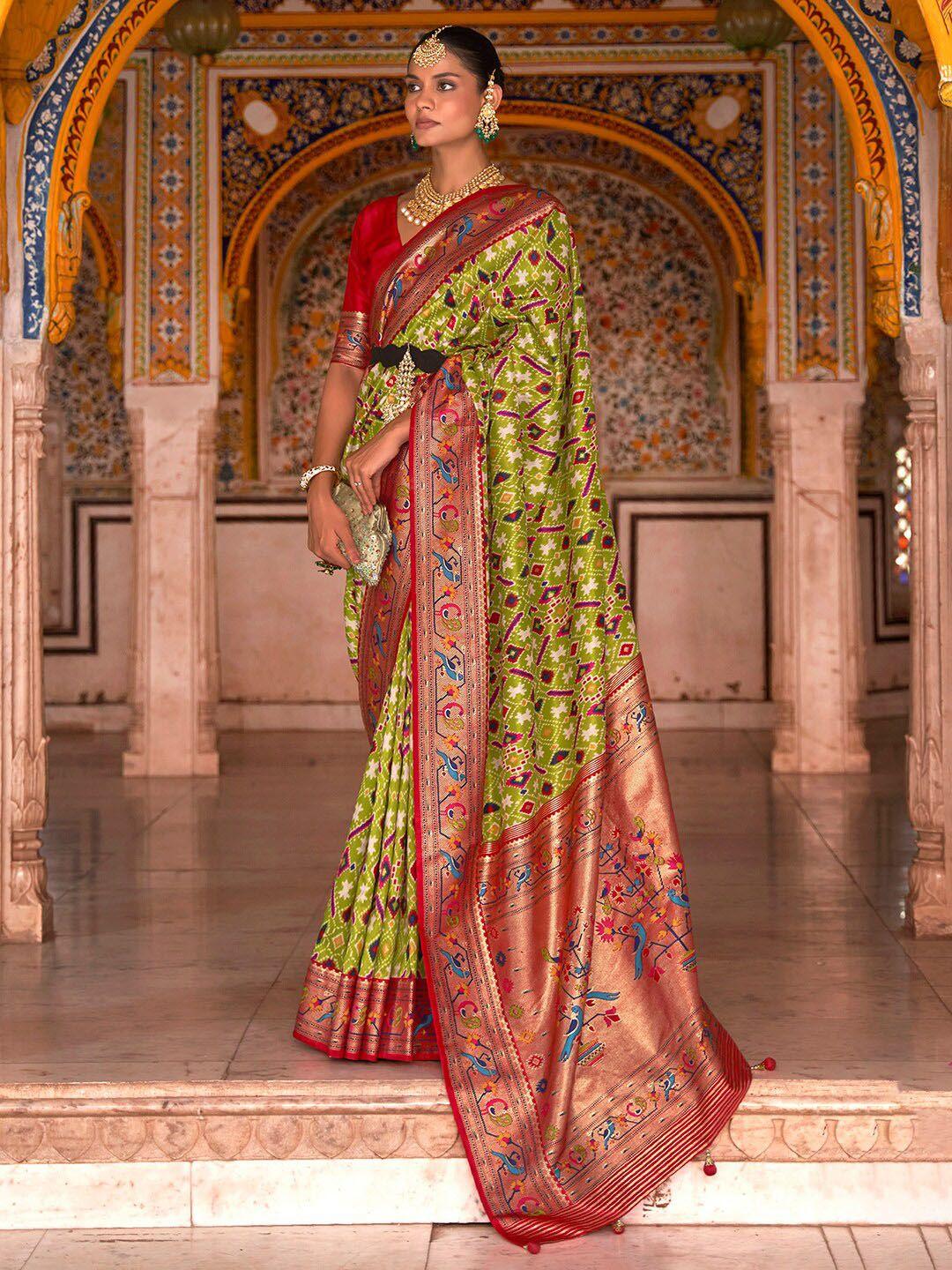 anouk green & red ethnic motifs zari silk blend patola saree