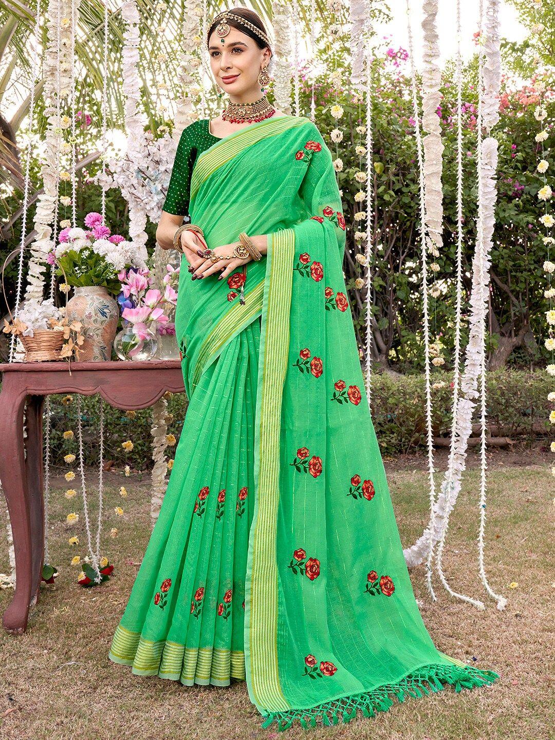 anouk green & red floral embroidered chanderi saree