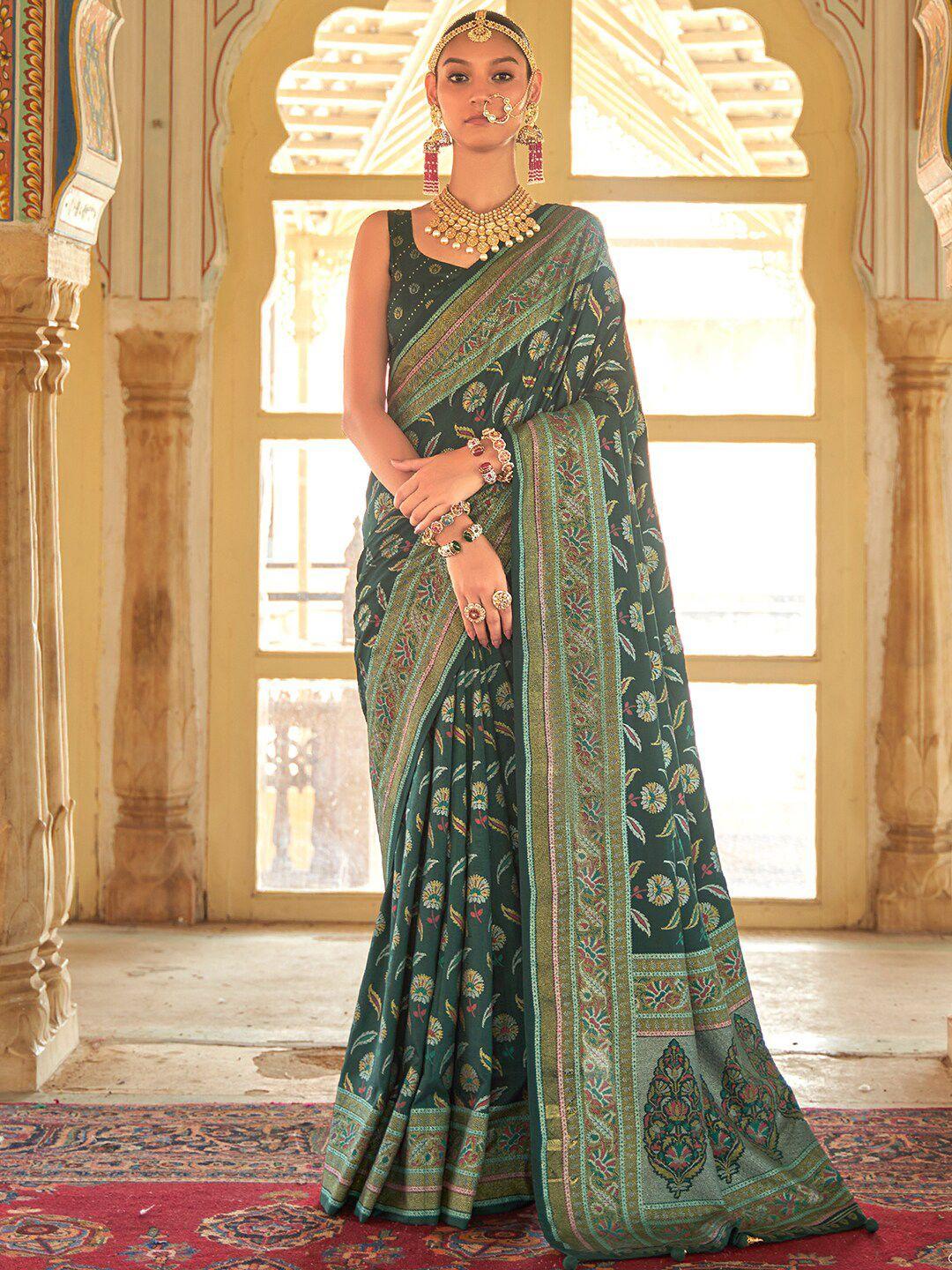 anouk green & red floral woven design zari banarasi saree