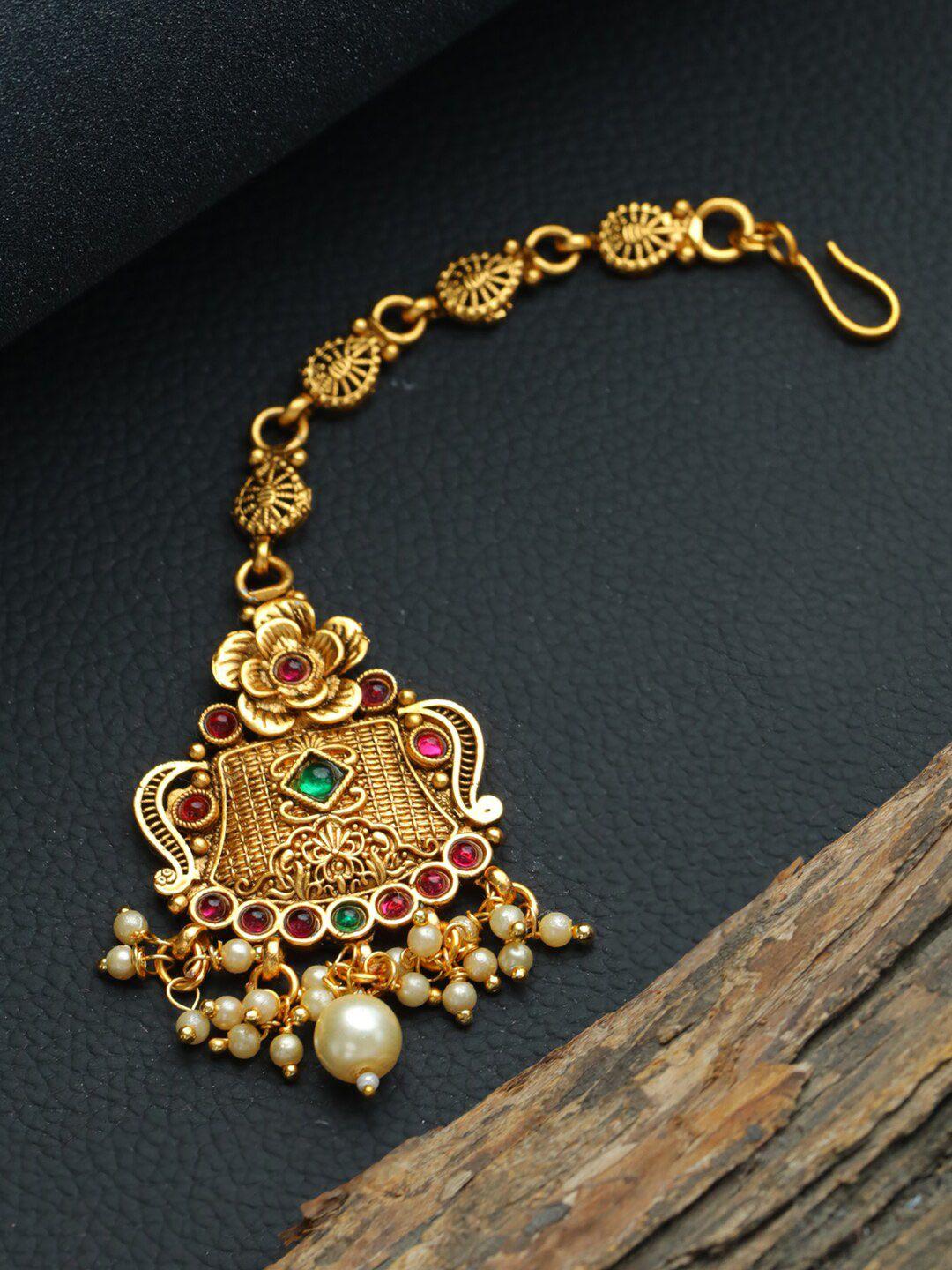 anouk green & red gold-plated stone-studded & beaded floral temple maang tikka