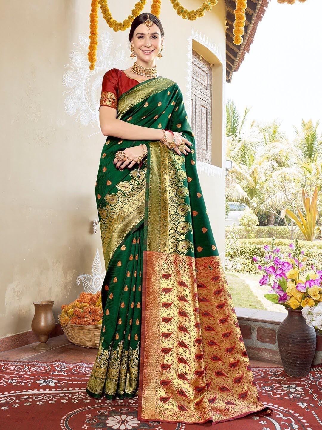 anouk green & red paisley woven design zari saree