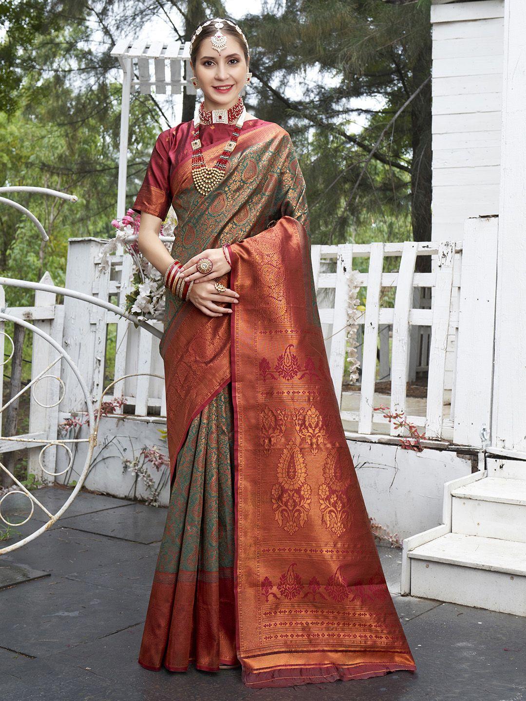 anouk green & red woven design paisley art silk designer kanjeevaram saree