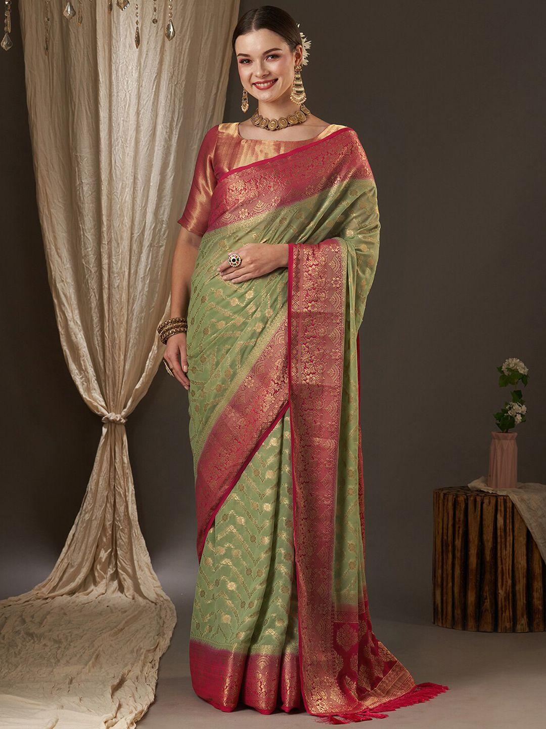 anouk green & red woven design zari pure georgette kanjeevaram saree