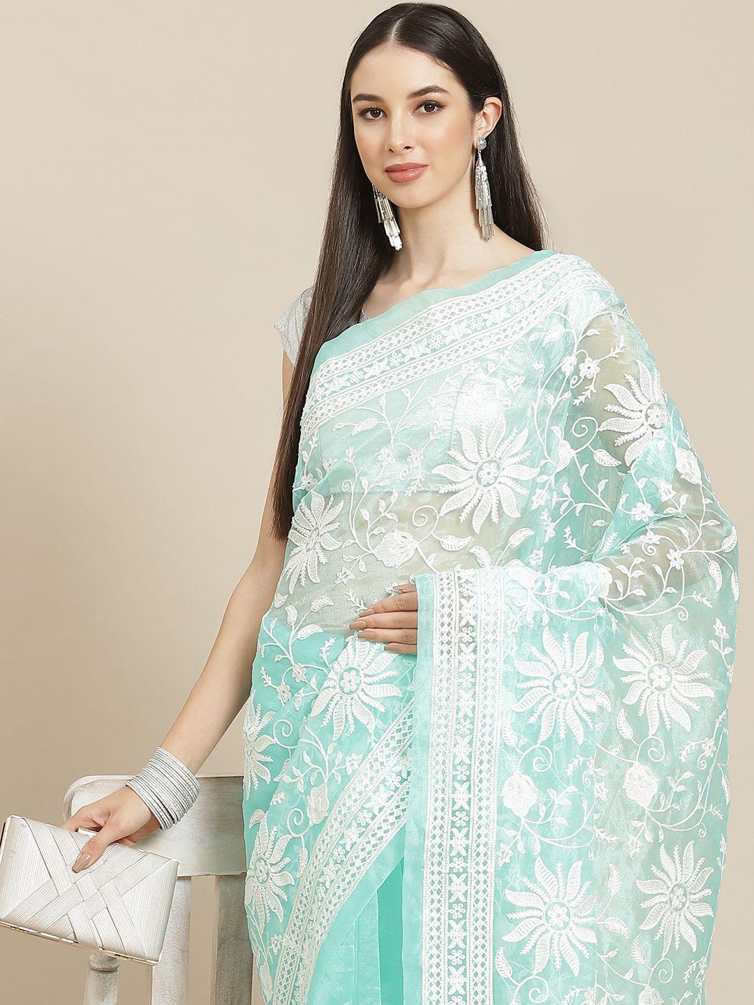 anouk green & white ethnic motifs organza saree