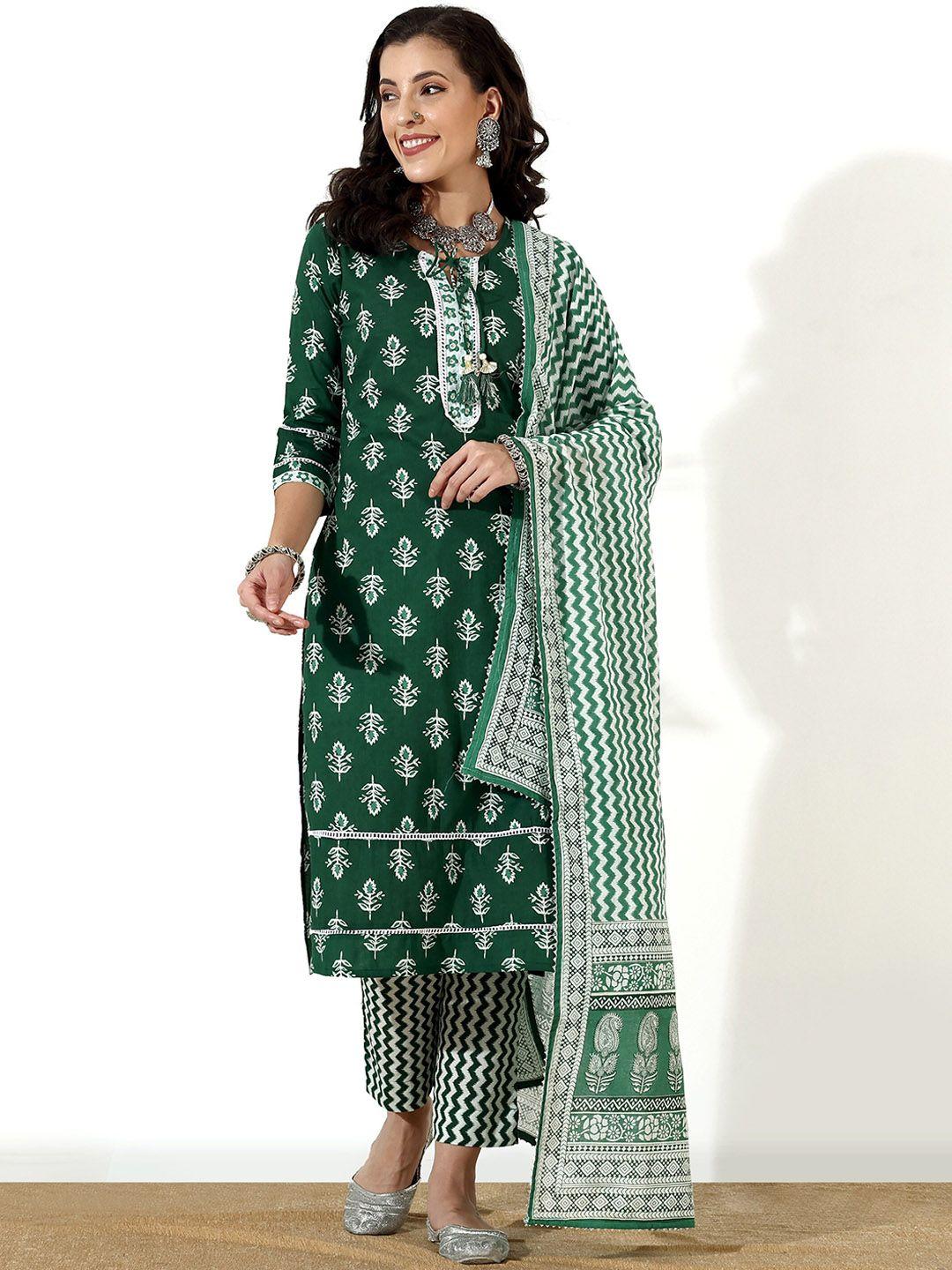 anouk green & white ethnic printed pure cotton straight kurta with trousers & dupatta