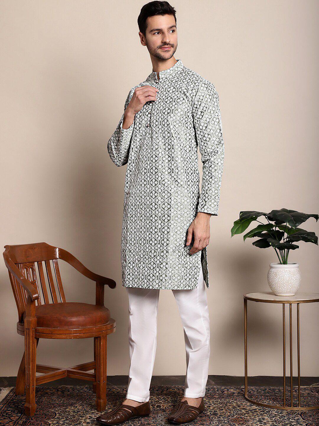 anouk green & white floral embroidered chikankari kurta with pyjamas