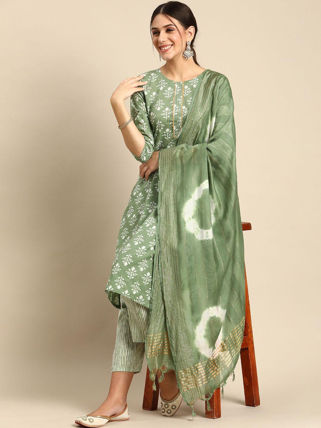 anouk green & white floral printed gotta patti cotton straight kurta trousers dupatta