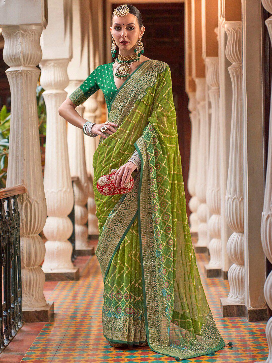 anouk green & yellow bandhani embroidered pure georgette leheriya saree