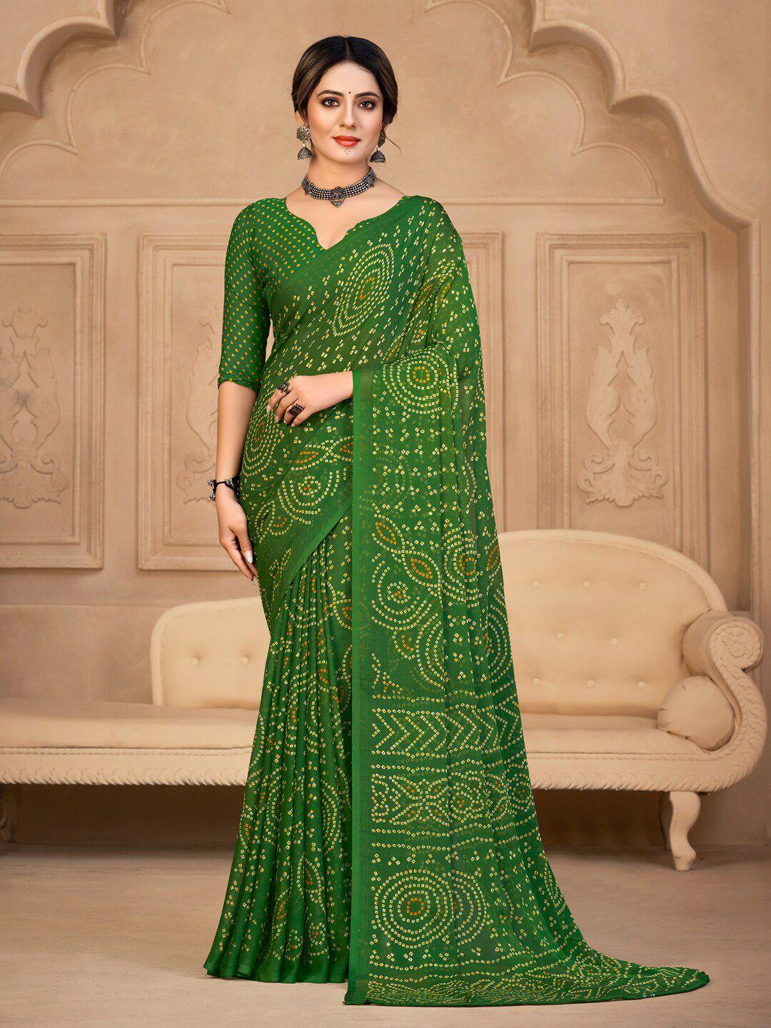 anouk green & yellow bandhani printed pure chiffon saree