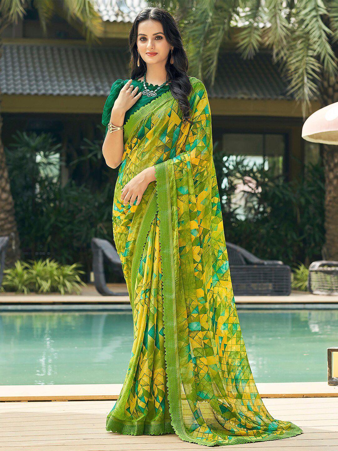 anouk green & yellow pure chiffon designer saree