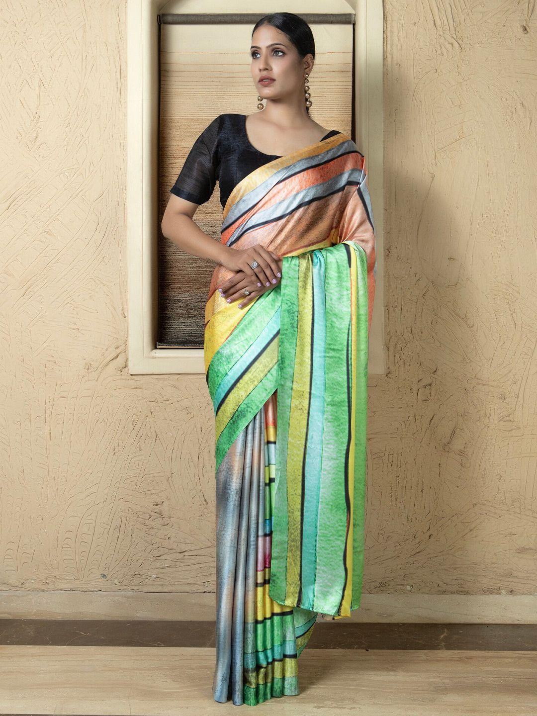 anouk green & yellow striped satin saree