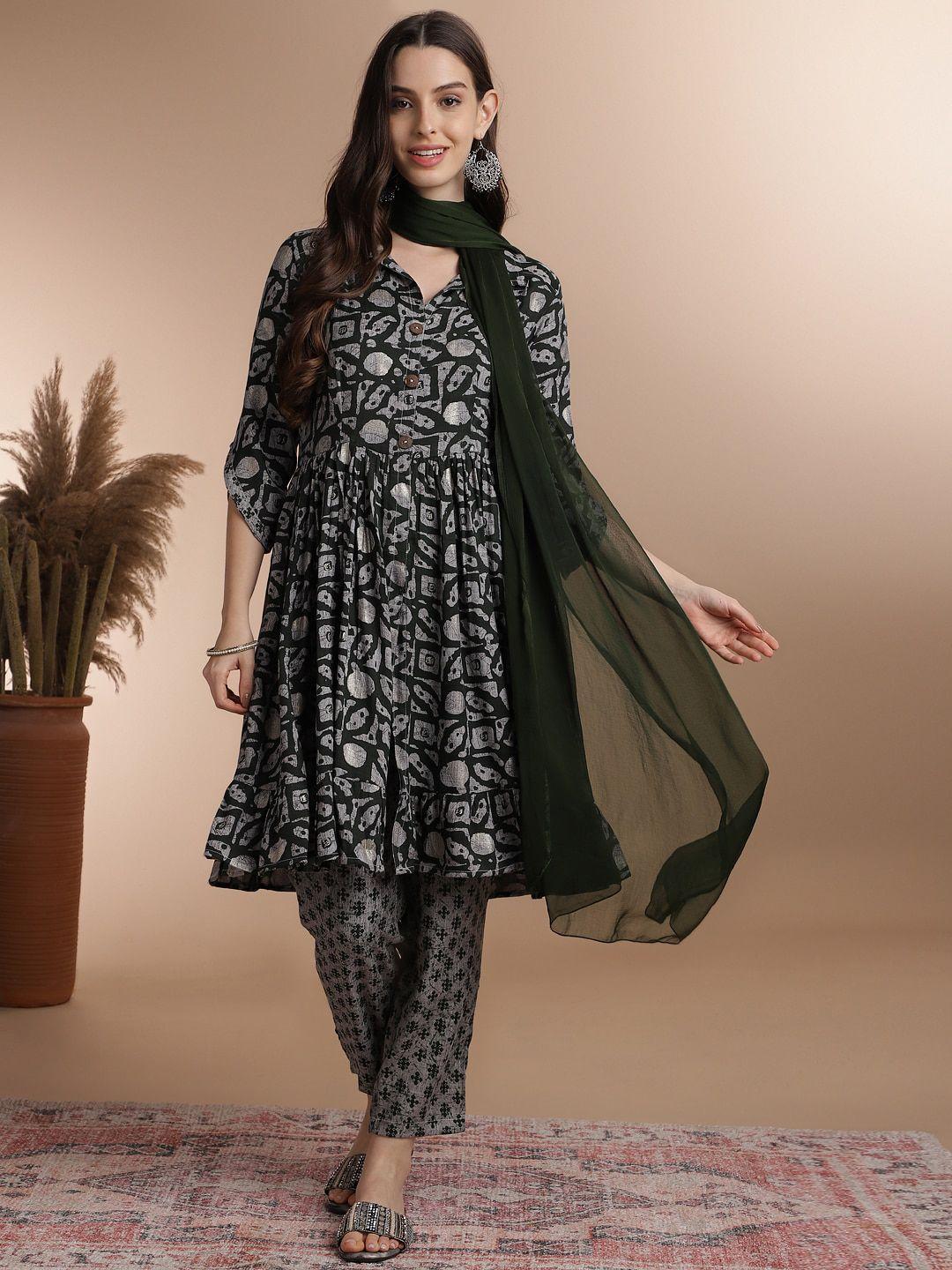 anouk green abstract printed a-line shirt collar kurta with trousers & dupatta