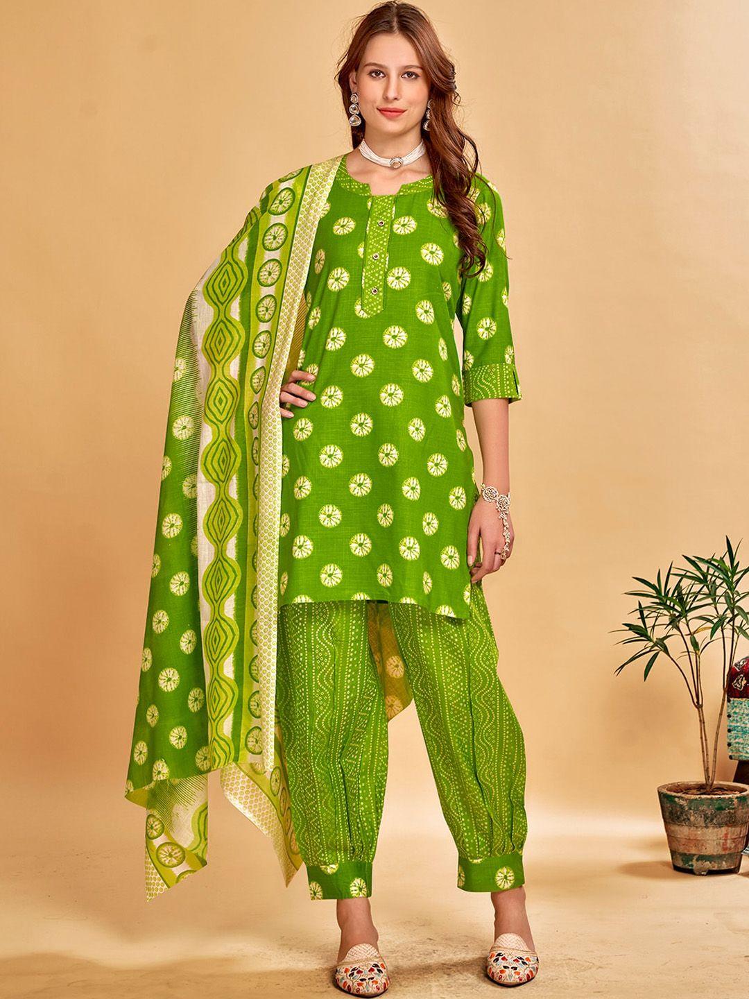 anouk green bandhani printed pure cotton straight kurta with salwar & dupatta