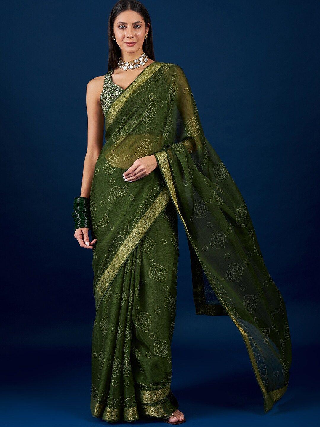 anouk green bandhani zari pure chiffon bandhani saree