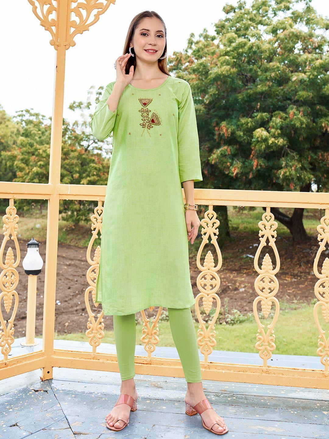 anouk green embellished beads and stones pure cotton straight kurta