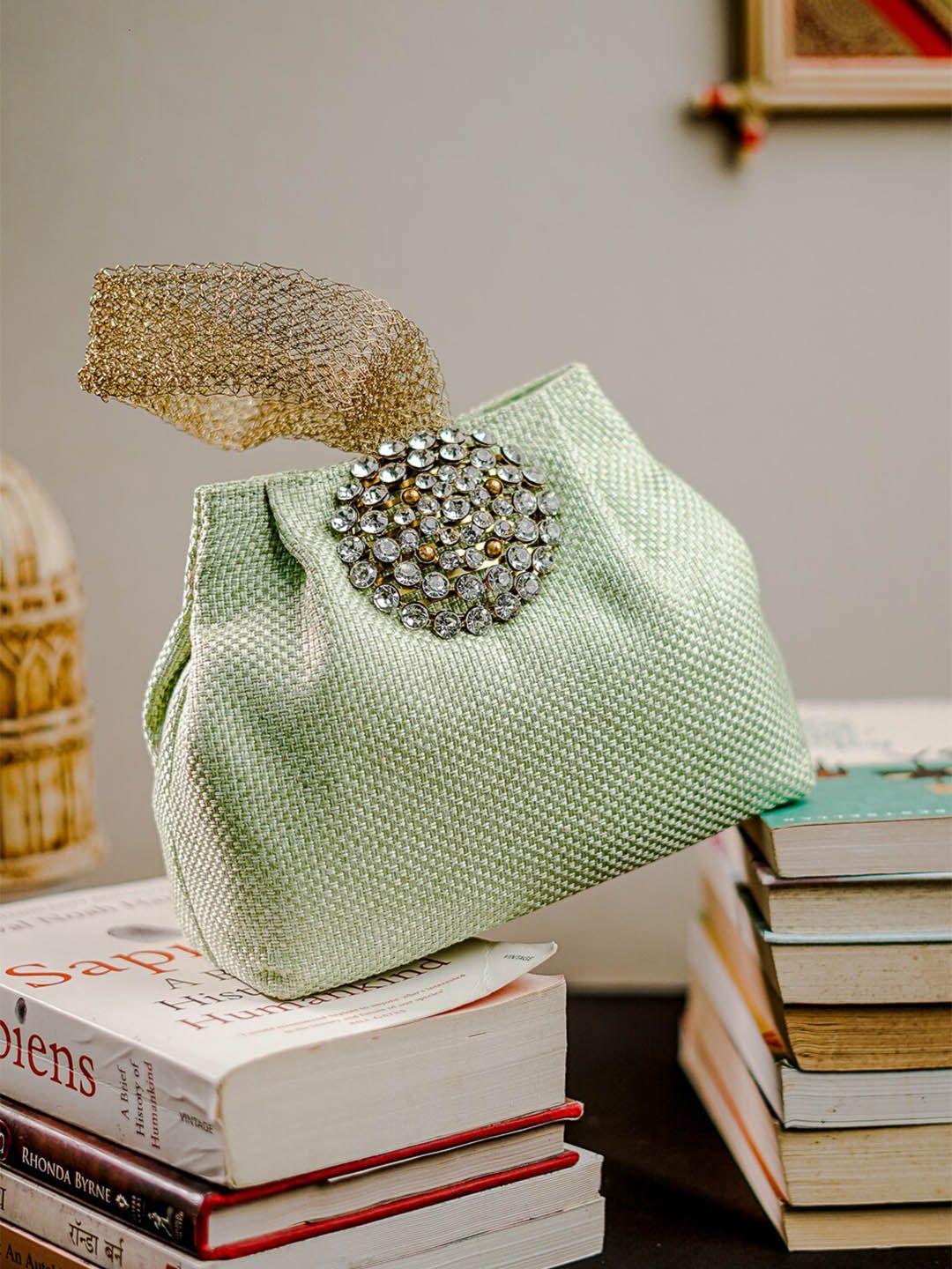 anouk green embellished jute purse clutch