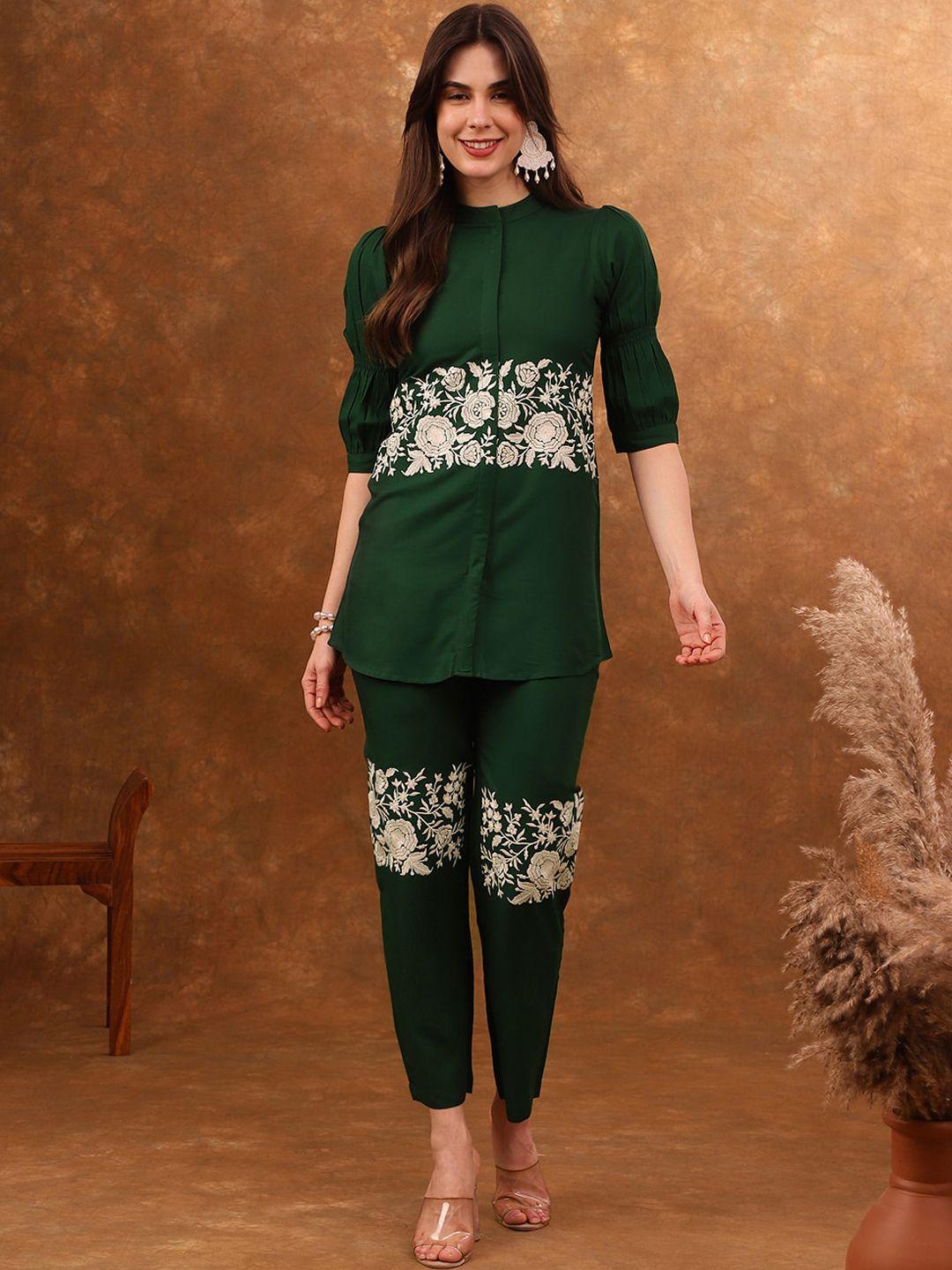 anouk green embroidered tunic with trousers co-ords