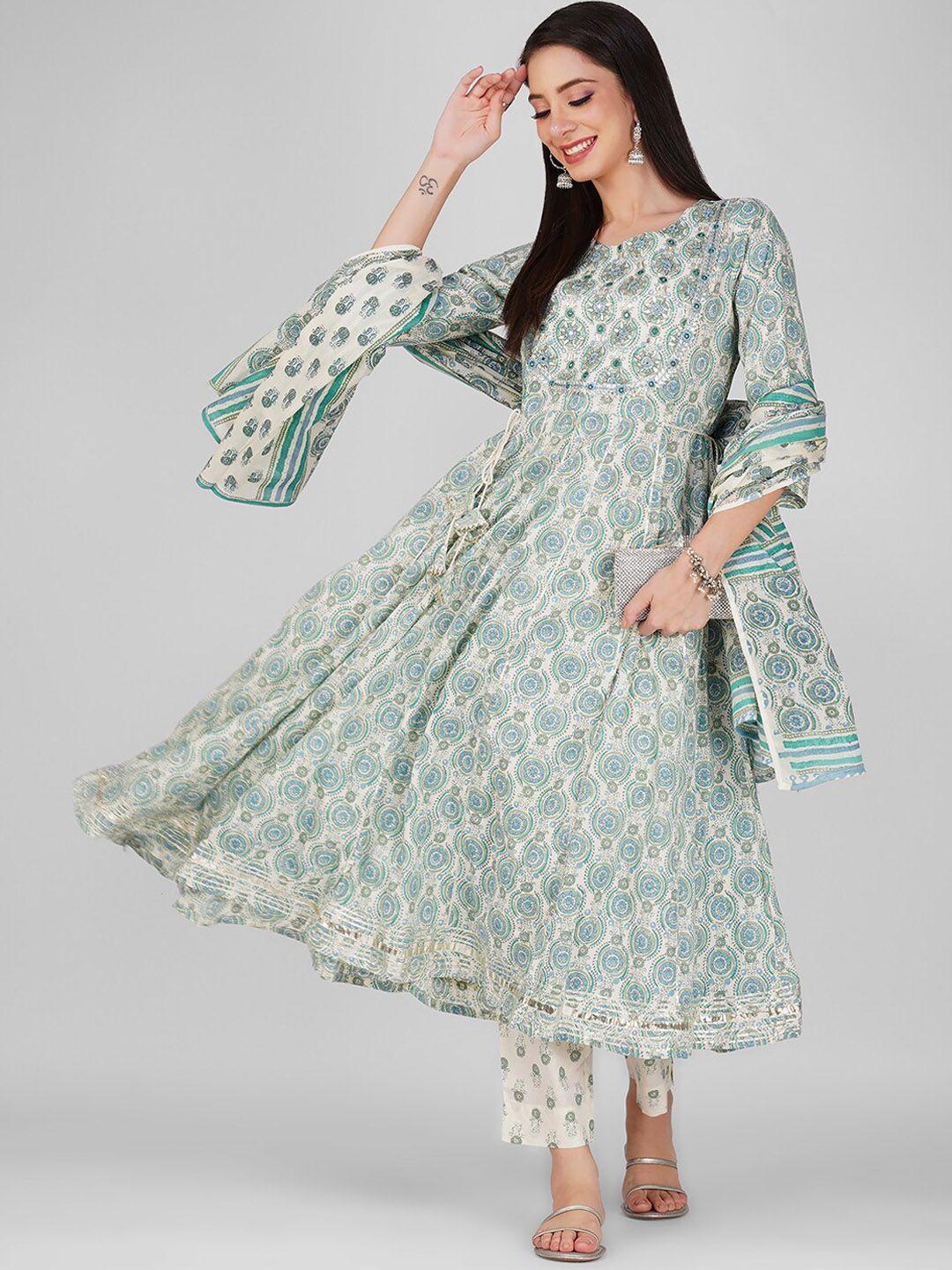 anouk green ethnic motifs printed pure cotton a-line kurta with trouser & dupatta