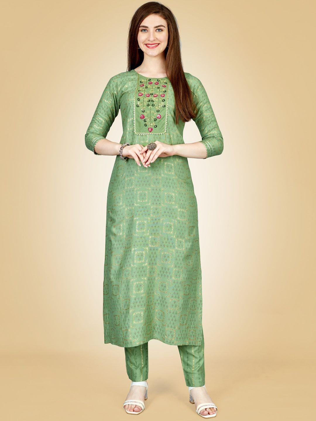 anouk green ethnic motifs printed regular straight kurta with trousers