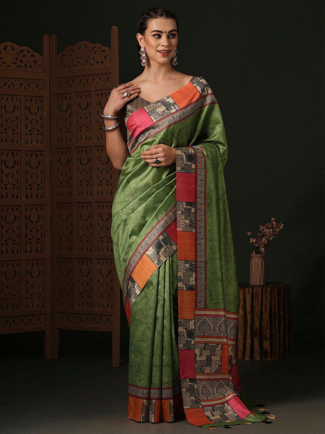 anouk green ethnic motifs silk blend designer dabu saree