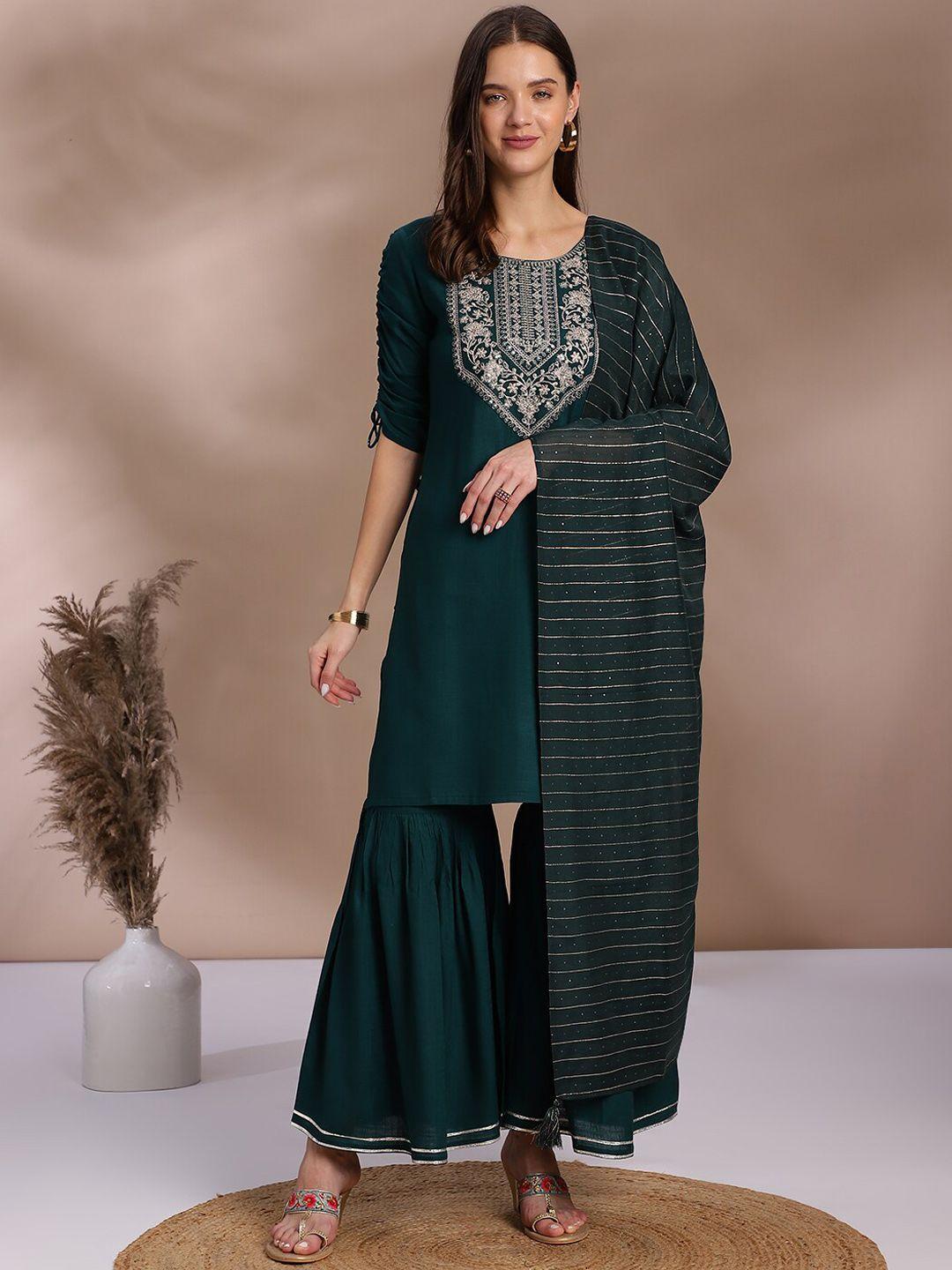 anouk green ethnic motifs yoke design regular thread work kurta with sharara & dupatta