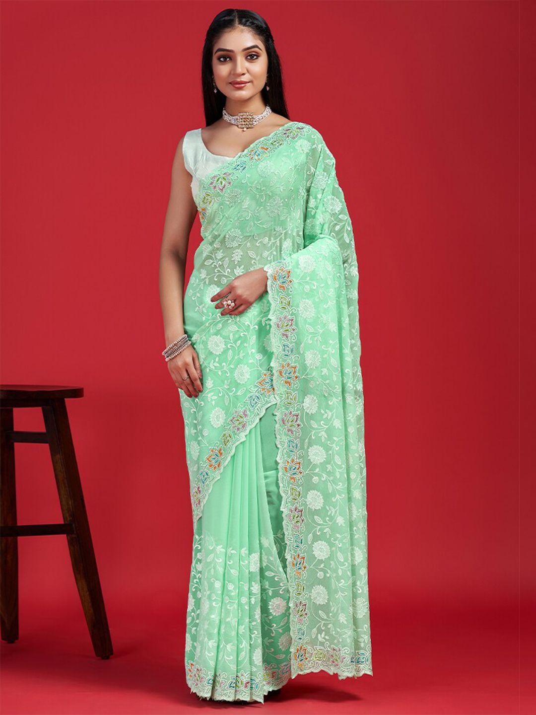 anouk green floral embroidered beads & stones organza saree